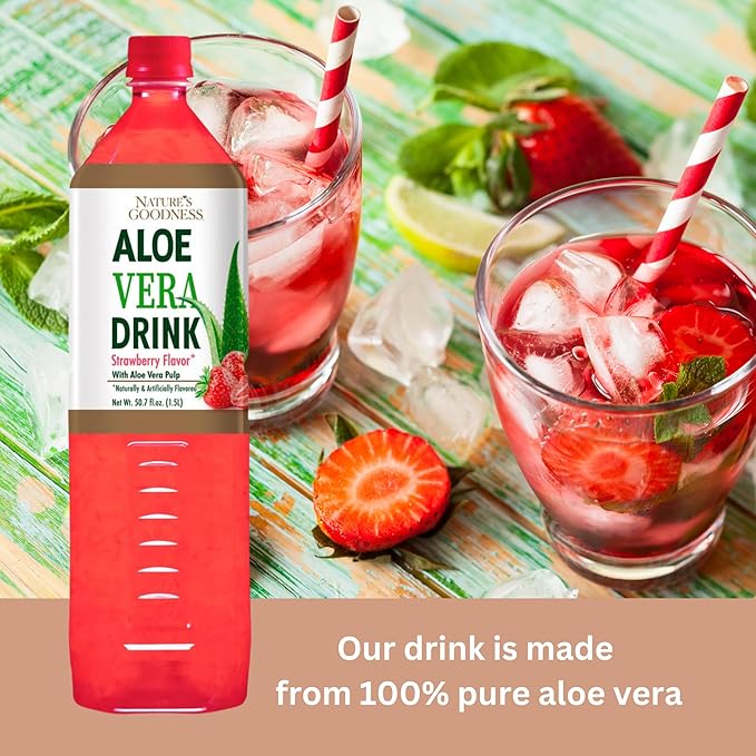 Nature's Goodness Aloe Vera Drink with Pulp Strawberry Flavor -12 Pack Case - 50.7 Fl Oz (1.5 L) Each - Total 18 Liters - Refreshing Beverage with Real Aloe Vera Juice
