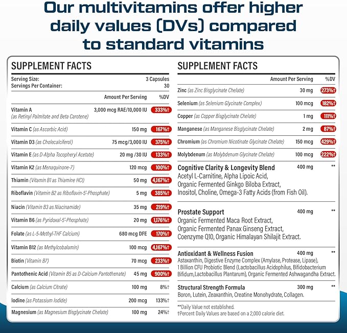 Men Multivitamins 50 Plus - Daily Multivitamin for Men with Fermented Herbal Extracts & 43 Vitamins and Minerals - Mens Vitamins Supports Memory & Brain, Energy, Bone Health