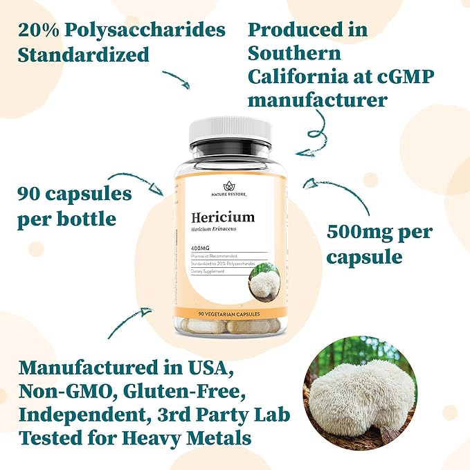 Nature Restore Hericium Erinaceus Extract Mushroom Supplement, 90 Capsules, 20% polysaccharides