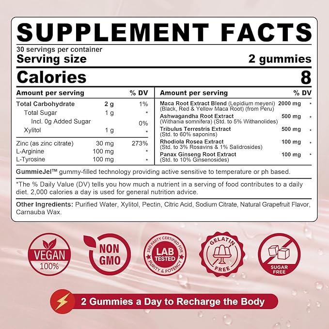 Sugar Free Maca Root Filled Gummies for Women Men | Organic Black, Red, Yellow Maca 2000mg Per Serving | with Ashwagandha | Vegan, Non-GMO & Gluten Free Supplement | Grapefruit Flavor, 60 Count