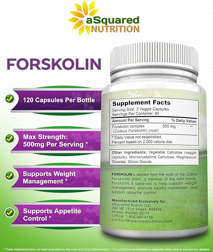 aSquared Nutrition Forskolin 500mg Max Strength -120 Capsules, Natural Supplement for Pure Weight Loss Fuel, Coleus Forskohlii Root-Forskolin Diet Pills, Belly Buster Pure Fat Burner 2X Slim Trim Lose