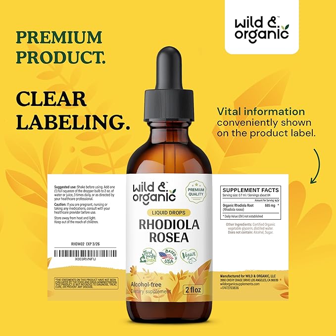 Wild & Organic Rhodiola Rosea Tincture - Mood Support - Relaxing Rhodiola Supplement - Root Extract Liquid Drops - Vegan, Sugar & Alcohol-Free - 2 fl oz