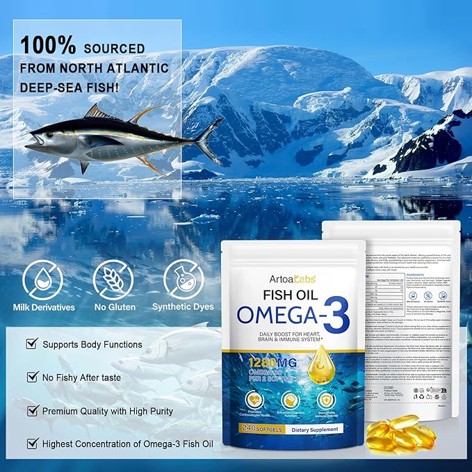 Fish Oil Softgels,Fish Oil Omega 3 Supplements Fatty Acids Including EPA and DHA for Women Men,240 Softgels
