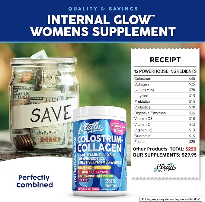 Bovine Colostrum+Collagen Peptides Powder| L-Glutamine L-Lysine Prebiotics Probiotics Digestive Enzymes Vitamin D K2 Vitamin C Quercetin & Folate|Gut Health Supplement Internal Glow By Clean Nutra (1)