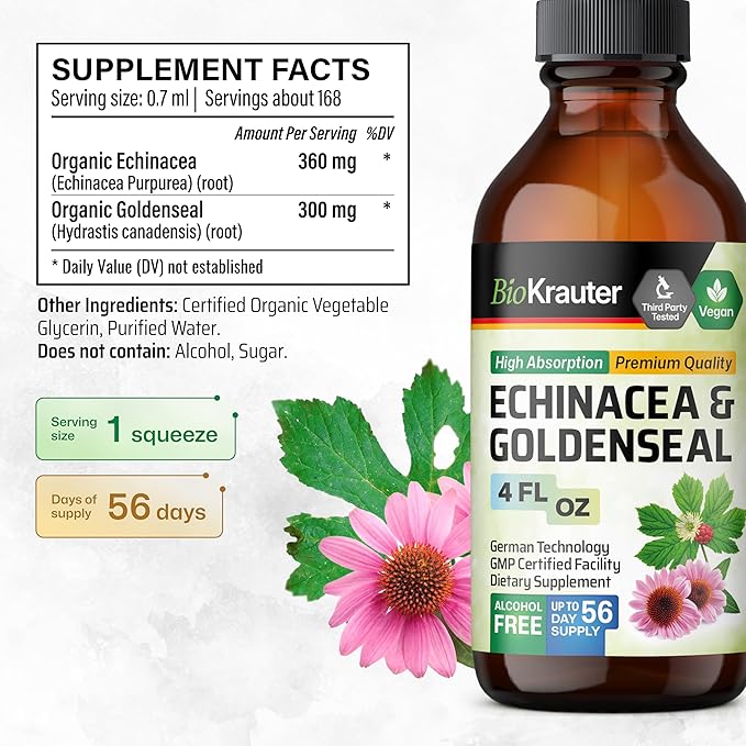 BIO KRAUTER Echinacea and Goldenseal Root Liquid Extract - Natural Immune Support - Echinacea Drops with Goldenseal - Vegan, Alcohol & Sugar Free Tincture - 4 Fl.Oz.