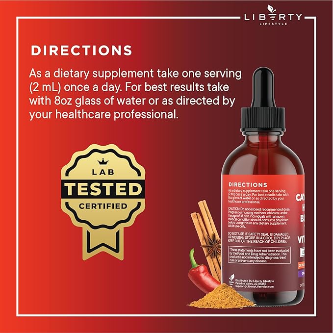 Cayenne Pepper Supplement Liquid Drops + Hawthorn Berry, Vitamin D3 K2 Beet Root Powder, Ceylon Cinnamon, Turmeric Curcumin, Organic Panax Ginseng - 4oz