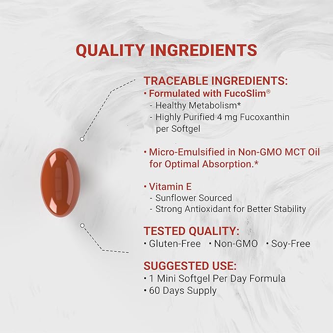 New Zealand Fucoxanthin (4mg) | Made with FucoSlim® | Non-GMO, Soy & Gluten Free | 60 Softgels (2 Month Supply)