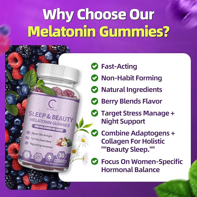 GPGP GreenPeople Women's Melatonin Gummies 5Mg with Ashwagandha, L-Theanine & Collagen, Sleep Aid Extended Release Formula, Sleep Gummies for Adults, Non-GMO & Gluten-Free, Berry Flavor 30-Day Supply