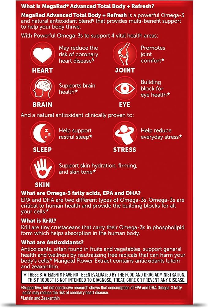 Omega-3 Blend Total Body + Refresh 500mg Softgels, MegaRed (65 count in a bottle), Easily Absorbed Krill Oil, To Support Your Heart, Joints, Brain & Eyes