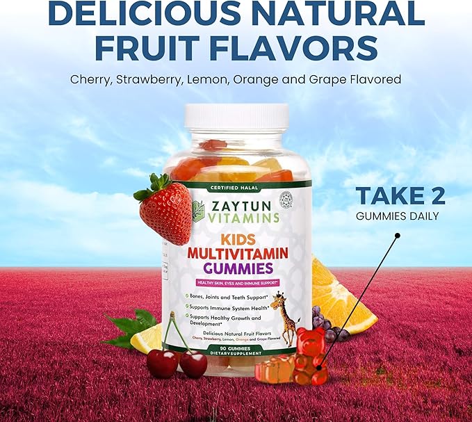 Zaytun Halal Vitamins for Kids Multivitamin Gummies, Naturally Sourced Vitamin A, C, D, E, B6, B12, Biotin - Vegetarian, No Gelatin, No Gluten, No Dairy, Non-GMO, 90 Fruit Flavored Gummies Made in USA