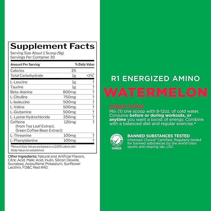 Rule 1 Energized Amino – Anytime Energy and Recovery Support with BCAAs, Glutamine, Citrulline, Beta Alanine, and Caffeine from Green Coffee & Tea Leaf Extracts (30 Servings, Watermelon)