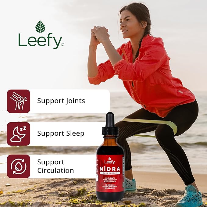 Leefy Organics Tart Cherry Supplement Nidra - Fast Absorbing, Non-GMO, Gluten-Free - Promotes Recovery, Joint Support, Sleep & Circulation for Adults - 2 Oz