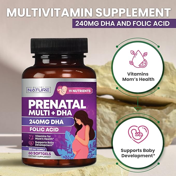 Prenatal Vitamins for Women - Multivitamin with DHA, Folic Acid, Vitamin C, B12, Iron & Omega-3 - Before, During & Post Pregnancy Supplement for Healthy Growth & Brain Development - 60 Softgels