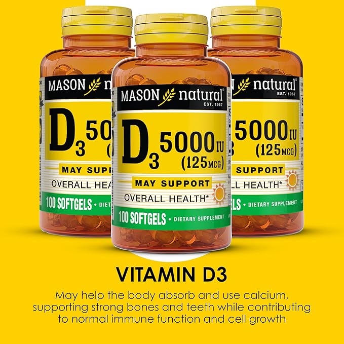 MASON NATURAL Vitamin D3 125 mcg (5000 IU) - Supports Overall Health, Strengthens Bones and Muscles, from Fish Liver Oil, 50 Softgels