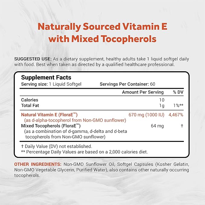 Sunflower Vitamin E 670mg (1000 IU) with Mixed Tocopherols | Essential Skin Vitamin & Immune Support | Non-GMO, Soy & Gluten Free | 60 Softgels