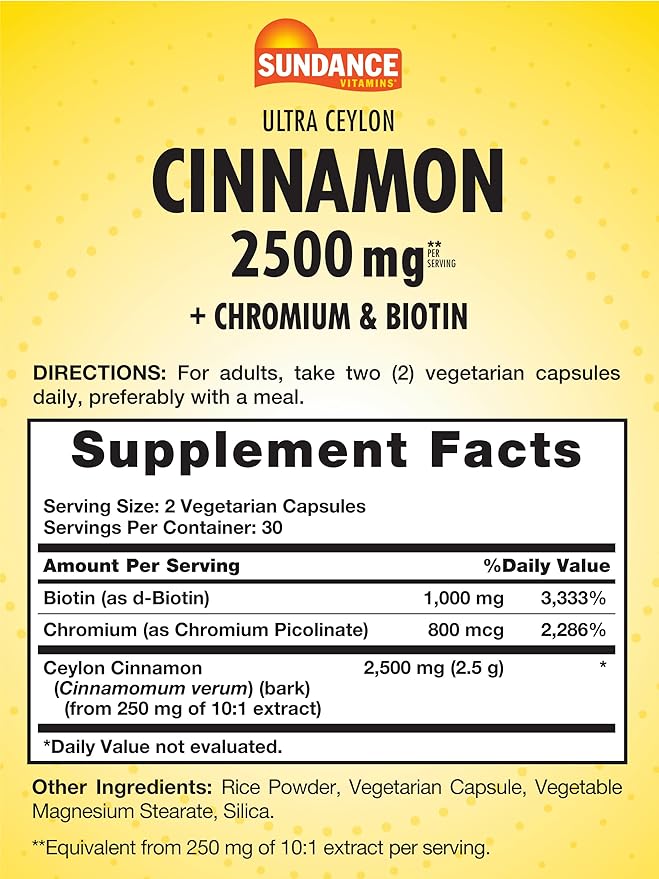Sundance Ceylon Cinnamon Capsules 2500mg | 60 Pills | with Chromium and Biotin | Vegetarian, Non-GMO, and Gluten Free Supplement