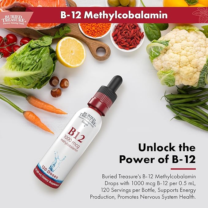 Buried Treasure B12 Drops - 1000mcg Vitamin B12 Methylcobalamin per Serving, 120 Servings - Sublingual B12, Alcohol-Free, Vegan, Raspberry Flavor, 2 oz Bottle, Graduated Dropper Accurate Dosing