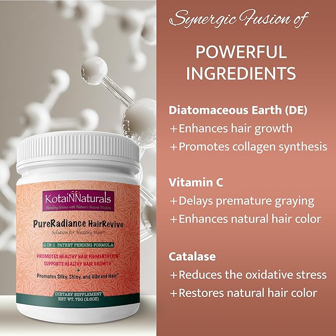 KotaiNNaturals Pure Radiance Hair Revive Unflavored Powder– 2-in-1 Supplement for Hair Growth & Gray Hair Reversal, Plus Collagen-Boosting Benefits for Skin, Nails, and Bones – for Men & Women