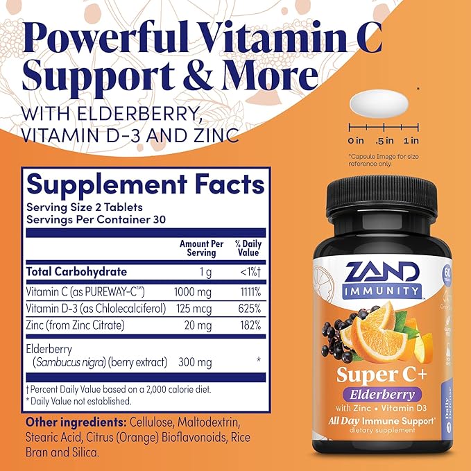 Zand Immunity Super C+ with Elderberry, All Day Immune Support, 1000mg PureWay-C Vitamin C Plus Zinc & Vitamin D-3, Enhanced Absorption, 60 Tablets, 30 Servings
