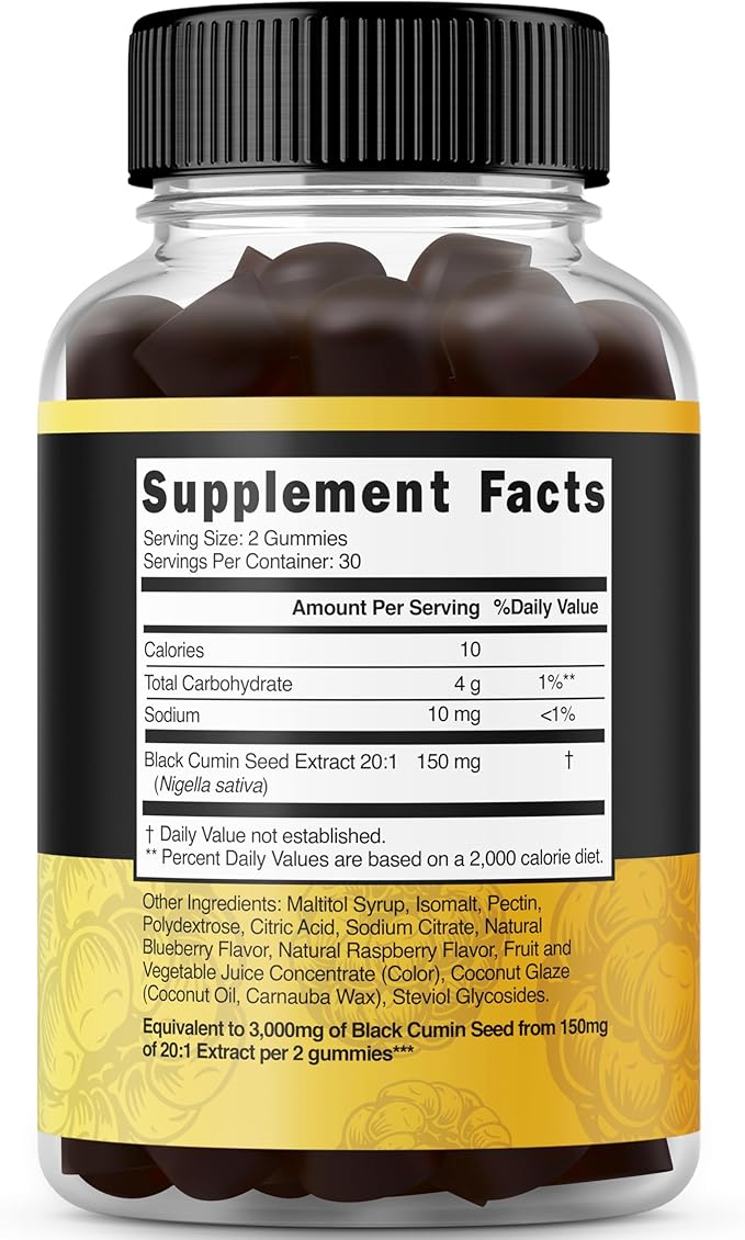 Black Seed Oil Gummies (60 Count) Blackseed Oil Gummies for Adults with Black Cumin Seed Immune Support & Support Healthy Digestion - Delicious Raspberry Flavor - Third Party Tested, Vegan & NON-GMO