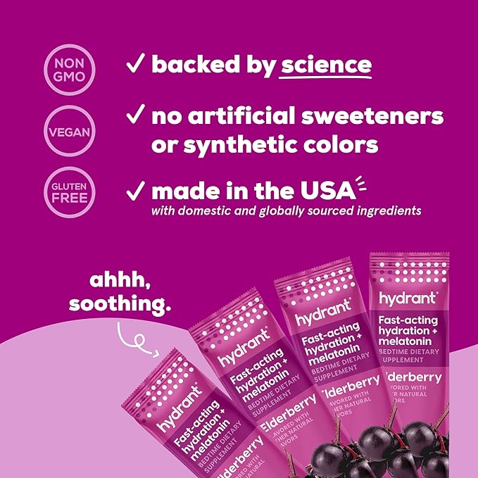Hydrant Sleep, Individual Hydrating Rest and Recovery Powder Stick Packets with a Blend of Melatonin, L-Theanine, Magnesium, & Chamomile (Elderberry, 30 Pack)