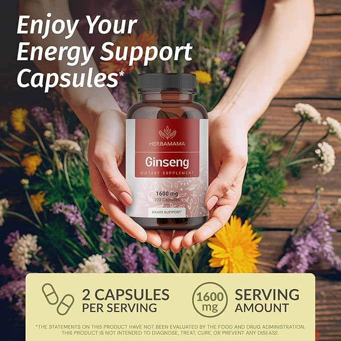 HERBAMAMA Korean Panax Ginseng Capsules - 1600mg Red Ginseng Root for Brain & Energy Support - Vegan, Non-GMO Korean Red Panax Energy Supplement, 100 Caps