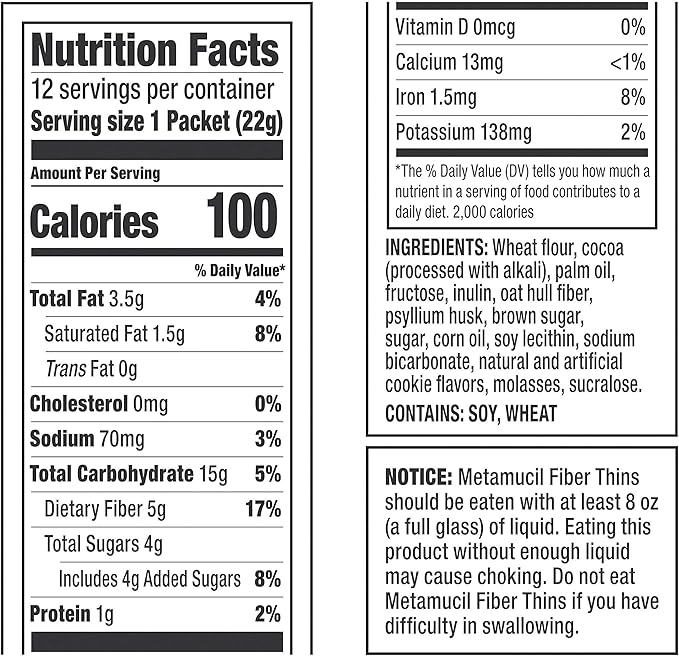 Metamucil Fiber Thins, Psyllium Husk Fiber Supplement, Digestive Health Support and Satisfy Hunger, Chocolate Flavored, 12 Servings (Pack of 2)