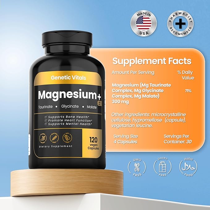 Triple Magnesium Complex 300mg - High Absorption Magnesium Glycinate, Taurate & Malate - Gluten-Free & Vegan - 120 Capsules
