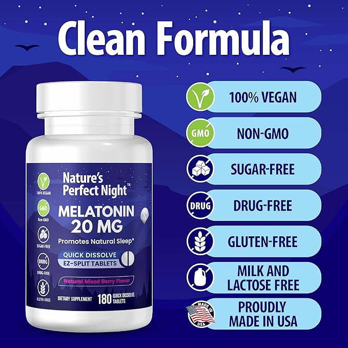 Nature's Perfect Night | Melatonin 20mg | 180 Quick Dissolve Tablets, 2-Pack | Natural Mixed Berry Flavor |High Potency | Sugar Free | Vegan | Gluten Free | 2 Count