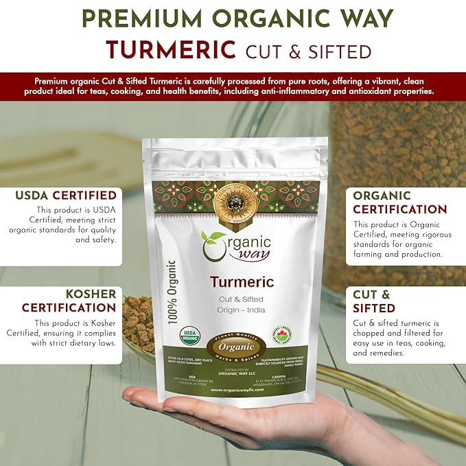 Organic Way Turmeric/Haldi Root Cut & Sifted (Curcuma longa) - Herbal Tea | Kosher & USDA Certified | Vegan, Non-GMO & Gluten Free | Tested for Heavy Metal and Purity | 100% Raw from India (1/2LBS / 8Oz.)