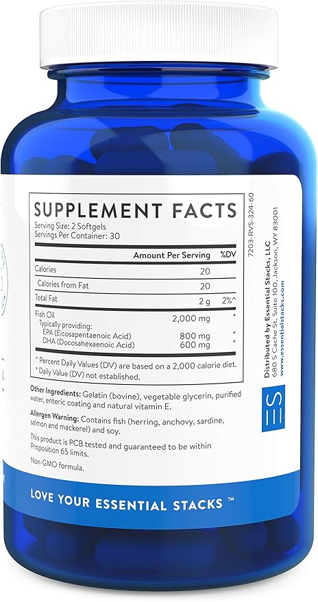 Essential Stacks Smart Omega 3 - Burpless Fish Oil - 1400mg EPA DHA Per Serving, Enteric Coated (60 Capsules)