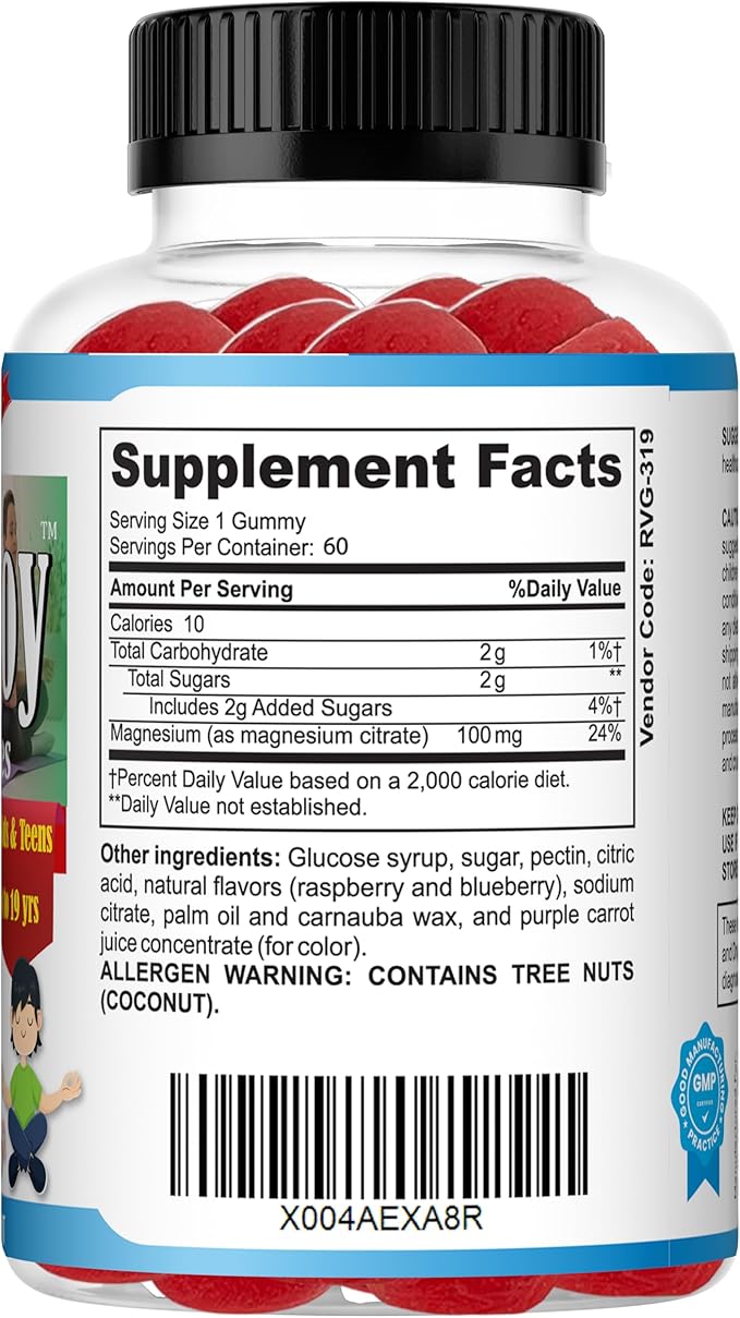 Magnesium Citrate Supplement for Kids & Teens, Anti-Stress Calm Magnesium Gummies Support Relaxed Muscles, Sleep, Bone Health, Gluten Free, Low Sugar 60 Ct