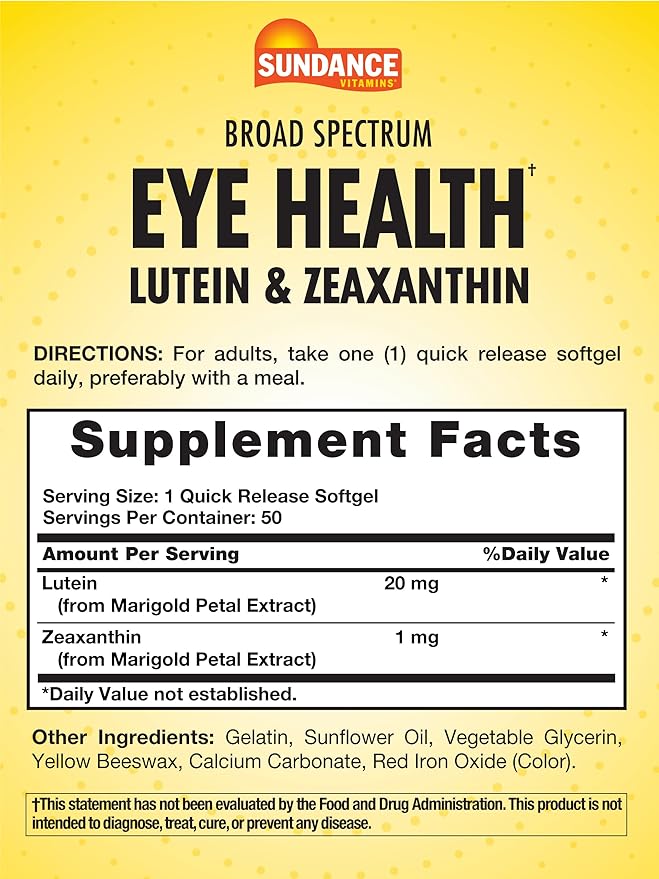 Sundance Lutein and Zeaxanthin Supplement | 50 Softgels | for Eye Health | Non-GMO and Gluten Free Formula