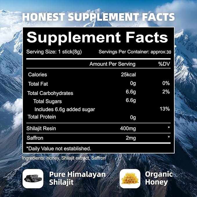 Shilajit Honey Sticks- 30 Sticks Himalayan Shilajit Honey Sticks Organic Honey & Saffron for Energy,Strength & Cognitive Support for Men & Women