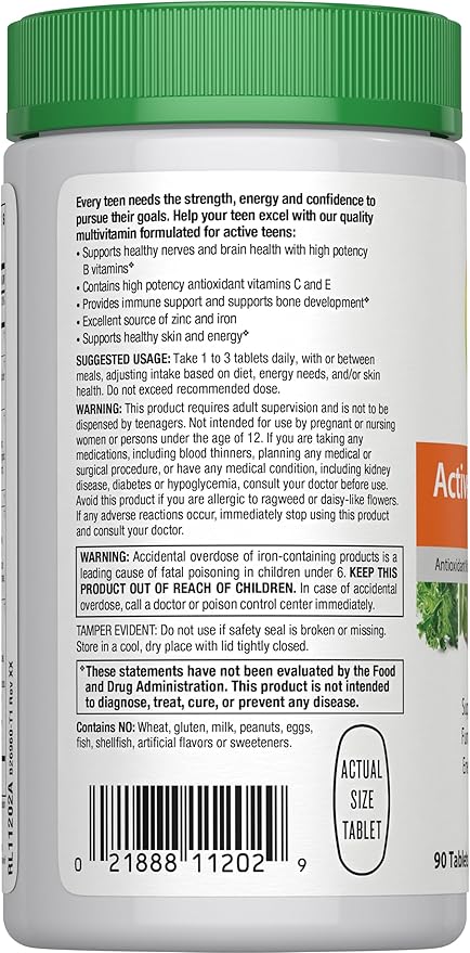Rainbow Light Multivitamin for Teens, Vitamin C, Zinc, & B Complex, Supports Brain Health, Nerve Function, and a Strong Immune System, Gluten Free, Vegetarian, Fruit Punch, 90 Tablets