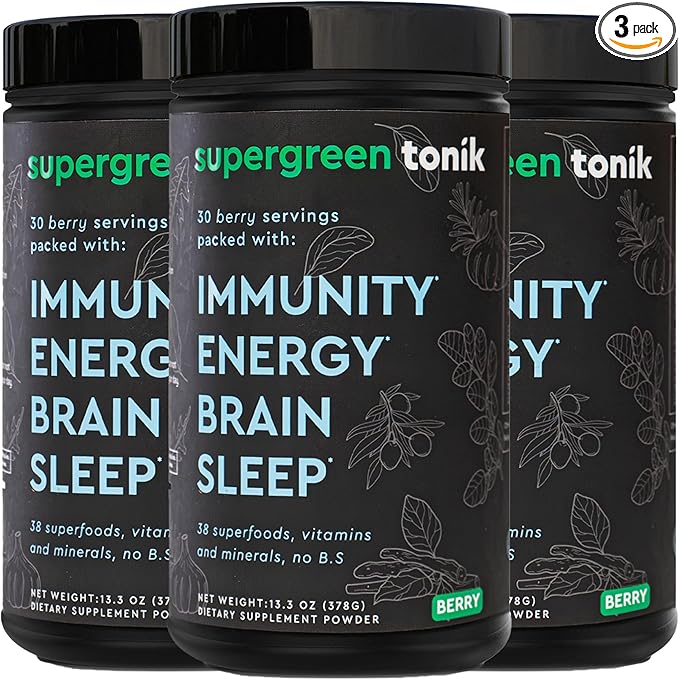 100% Natural Greens Superfood Powder – Daily Supplement with 38 Superfoods, Vitamins and Minerals – Supports Energy, Stress and Immunity – 30 Days 360 Grams Berry Flavor (3 Tubs)