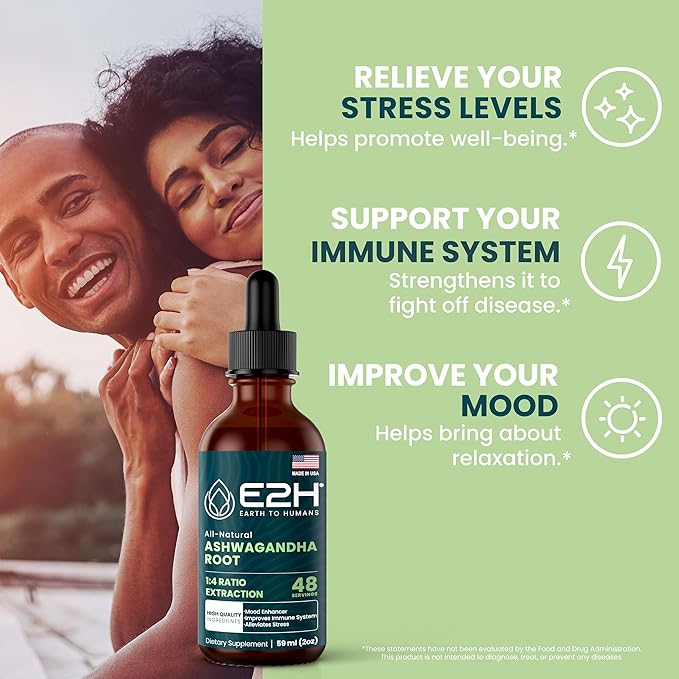 E2H Ashwagandha Liquid Drops - All-Natural Ashwagandha Supplement for Stress Relief and Mood Enhancer- Organic Ashwagandha Root Extract Effective Cortisol Manager | Non-GMO, Vegan (2 Bottles)