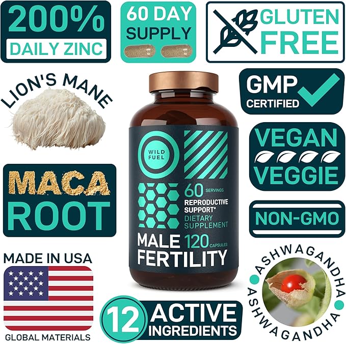 Fertility Supplements for Men Prenatal Vitamin - Maca Root, Ashwagandha, Zinc, Plus Naturals - Conception for Him Men Fertility Vitamins and Male Fertility Support Supplements - 120 Caps for 2 Months