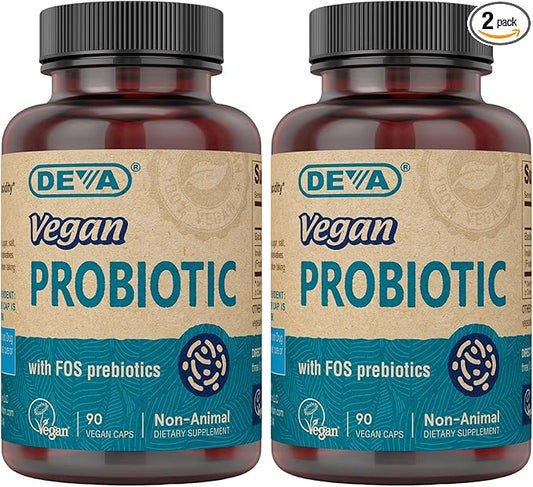 DEVA Vegan Probiotic with FOS Prebiotics Supplement - 2 Billion CFU with 100 MG of Prebiotics Per Serving for Men & Women - Non-Dairy Gluten Free - Naturally Shelf Stable - 90 Capsules (Pack of 2)