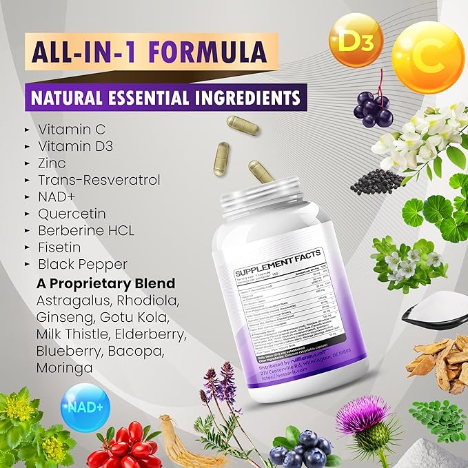 RESVERATROL Supplement - 18-in-1 Natural Blend with NAD + Milk Thistle Astragalus Rhodiola Gotu Kola Elderberry Blueberry - 150 Count - Made & Tested in The USA