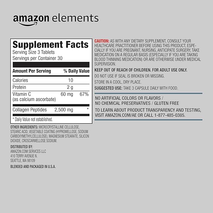 Amazon Elements Collagen Peptides + Vitamin C, 2500 mg Collagen Peptides per Serving, 90 Tablets, 1 Month Supply