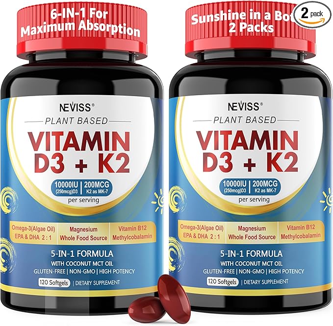 Vitamin D3 K2 -Vitamin D3 10000iu & K2 (Mk-7) 200mcg, Magnesium, Omega 3, Methyl B12, MCT Oil for Optimal Absorption, D3K2 Vitamin & Magnesium Supplement for Bone, Muscle, Immune Health, 240 Softgels