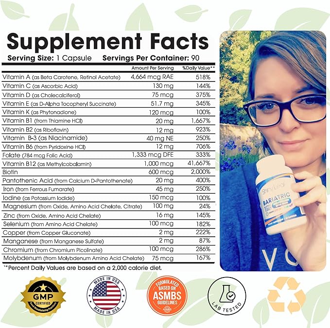 Shiny Leaf Bariatric Multivitamin with Iron - 45 mg for Gastric Bypass, Sleeve Gastrectomy, Roux-en-Y, Duodenal Switch - 22 Vitamins & Minerals, ASMBS Compliant, Vegetarian, Made in USA, GMP, 360 Ct.
