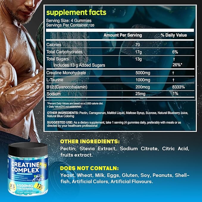 Creatine Monohydrate Gummies 6500mg per Serving for Men & Women - 120 Gummies X5 Strength Sugar Free Chewable Creatine for Muscle Builder, Muscle Strength, Pre-Workout Supplement (Blueberry)