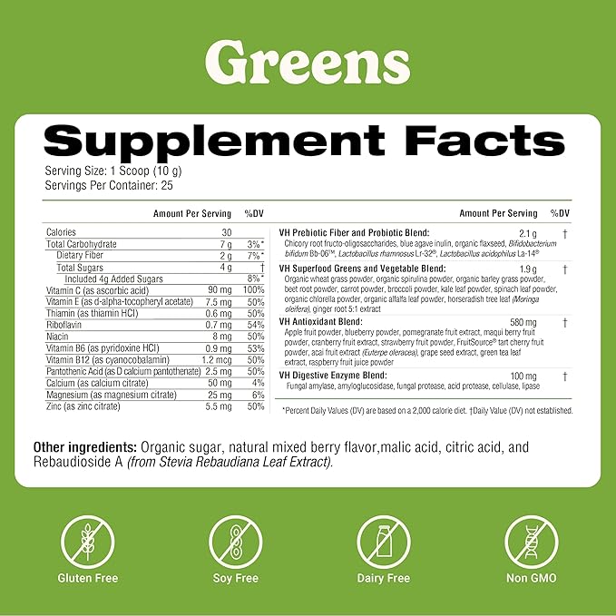 VitaHustle ONE Superfood Super Greens Powder with Prebiotics + Probiotics, Reduce Bloating, Detox, Gut Health, Spirulina, Chlorella, Digestive Enzymes (Berry Flavor, 25 Servings)