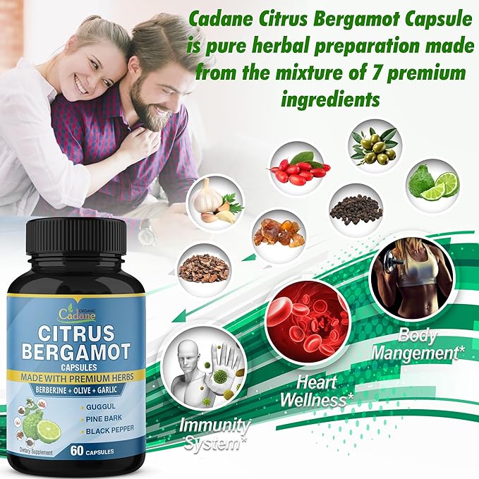 Organic Cadane 2 Packs Citrus Bergamot Extract Capsules with Berberine, Olive, Guggul, Garlic, Pine Bark, Black Pepper | 4 Months Supply