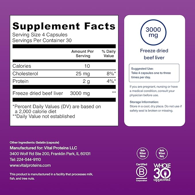 Vital Proteins Grass Fed Beef Liver Capsules, Desiccated Liver Supplement, 750mg Liver Pills, 120 Count
