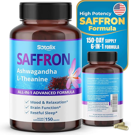 Saffron with Ashwagandha, Ginseng, L-Theanine, Relaxation, Restore - USA Made & Tested (150-day Supply (Pack of 1))
