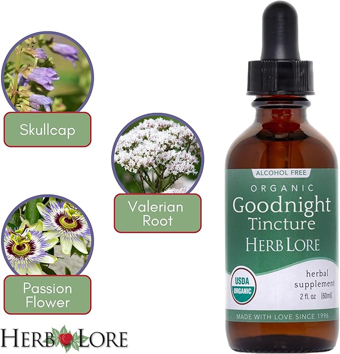 Herb Lore Organic Goodnight Tincture - Liquid Sleep Aid Drops with Valerian Root & Passion Flower Extract for Adults & Kids - Melatonin Free Herbal Sleep Supplement, 2 fl oz
