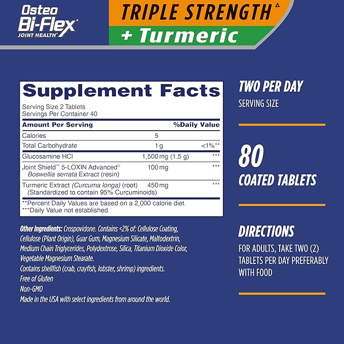 Osteo Bi-Flex Triple Strength Glucosamine with Turmeric, Joint Health Supplement, Coated Tablets, Original Version, 80 Count (Pack of 2)
